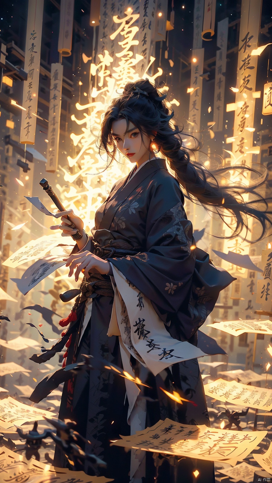  1 girl, Iaido, holding glowing katana,not looking at the camera, three-dimensional facial features, solo, blue eyes, holding, glow, robot, mecha, science fiction, movie lighting, strong contrast, high level of detail, best quality, masterpiece, spirit, crystal_ Dress, crystal, with white, Female FocusRed lips, bangs, earings, kimono,Chinese closures, floral print, tassel, robe dragon, glowing weight, flowing light, shooting stars,Neon lights, reflecting lights, epic lighting, yiwenrudao\(xiuxian\), Daofa Rune, shufa background