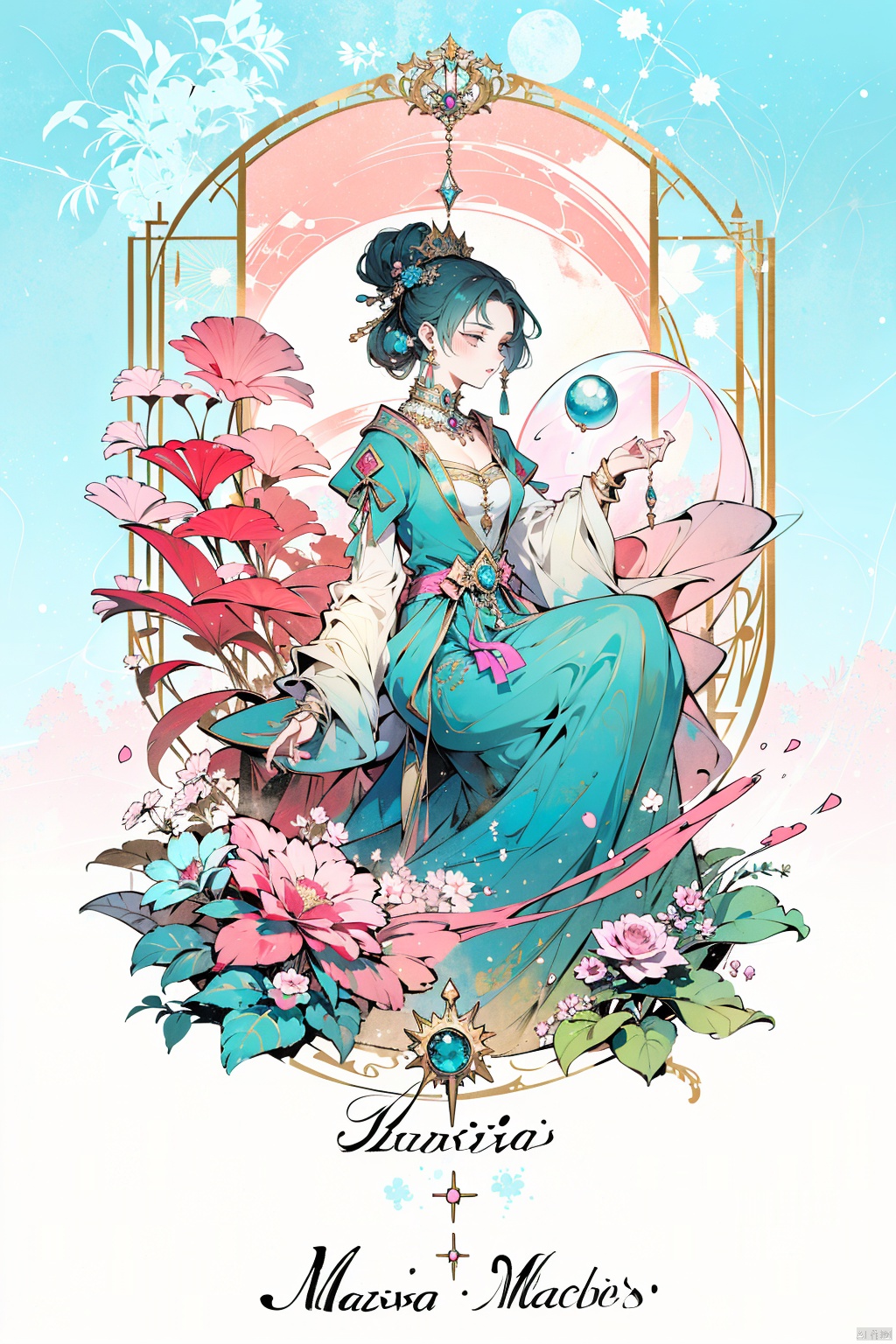  A girl holds a crystal ball, crystal decoration, flower decoration, princess skirt, jewelry box, dream, pink, green and blue, sky background, the highest masterpiece, manga stylr, makoto, Tarot style.
