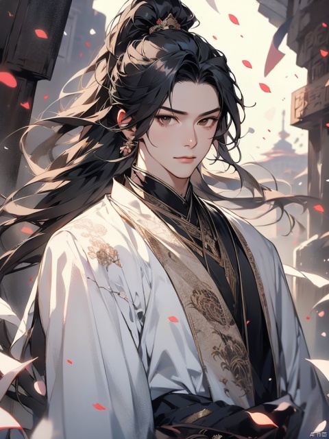  solo, long hair, looking at viewer, black hair, hair ornament, 1boy, brown eyes, closed mouth, upper body, ponytail, flower, male focus, armor, petals, chinese clothes, falling petals