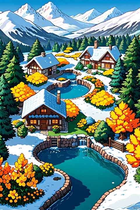  Winter, pine trees, snowy mountains, outdoors, sky, water, trees, no people, Windows, grass, plants, buildings, scenery, stairs, yellow flowers, fences, doors, potted plants, shrubs, house, orange flowers, pond, garden, chimney, HD, best quality, 16k