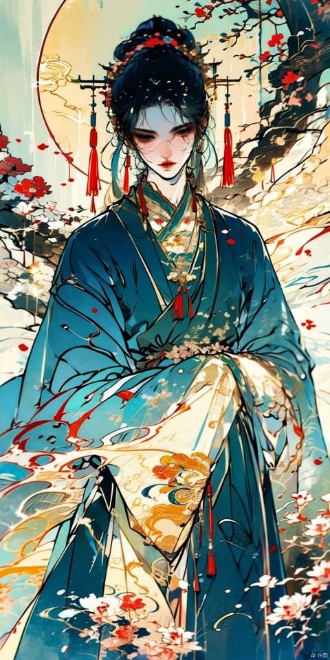  solo, long hair, looking at viewer, black hair, hair ornament, 1boy, brown eyes, closed mouth, upper body, ponytail, flower, male focus, armor, petals, chinese clothes, falling petals, xinyue, qzfp, guoflinke