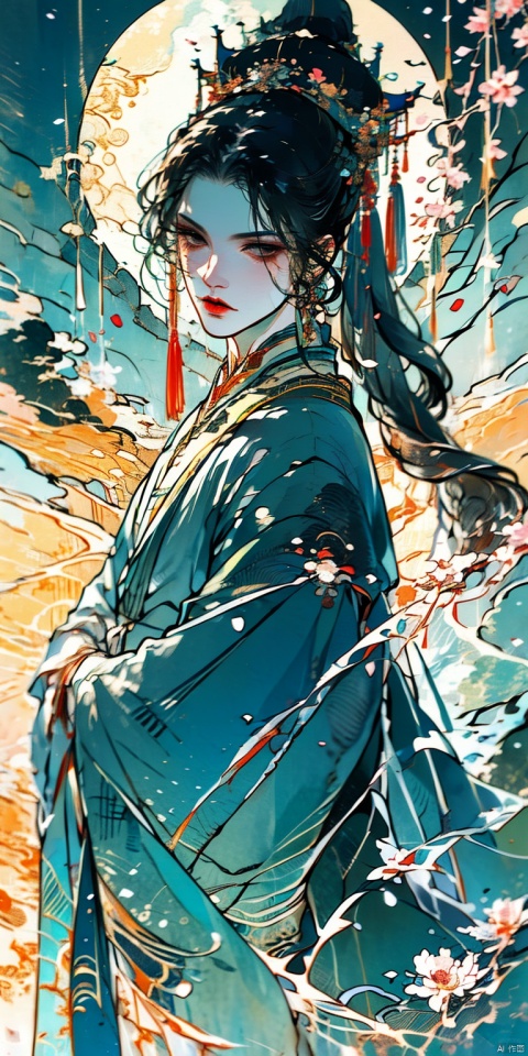  solo, long hair, looking at viewer, black hair, hair ornament, 1boy, brown eyes, closed mouth, upper body, ponytail, flower, male focus, armor, petals, chinese clothes, falling petals, xinyue, qzfp, guoflinke