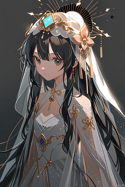  a gongbi painting of a 20 years old black long hair Chinese girl, Cute and beautiful girl, wearing a white wedding dress and a white veil on her head, pink and tender, half body, looking at the camera, extremely minimalism portrait, geometric shapes, matte light black background, in the style of crisp neo-pop illustrations, animated gifs, dolly kei, cartoon-like characters