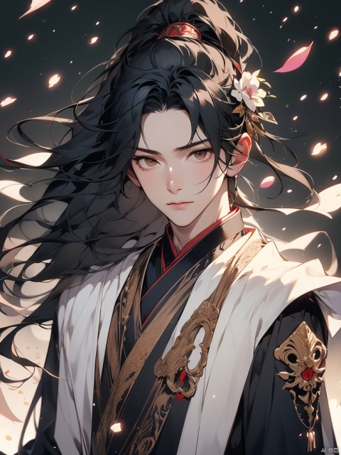  solo, long hair, looking at viewer, black hair, hair ornament, 1boy, brown eyes, closed mouth, upper body, ponytail, flower, male focus, armor, petals, chinese clothes, falling petals