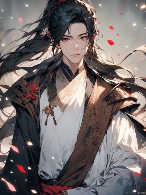  solo, long hair, looking at viewer, black hair, hair ornament, 1boy, brown eyes, closed mouth, upper body, ponytail, flower, male focus, armor, petals, chinese clothes, falling petals