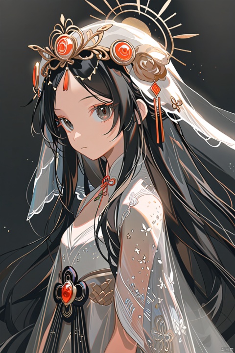  a gongbi painting of a 20 years old black long hair Chinese girl, Cute and beautiful girl, wearing a white wedding dress and a white veil on her head, pink and tender, half body, looking at the camera, extremely minimalism portrait, geometric shapes, matte light black background, in the style of crisp neo-pop illustrations, animated gifs, dolly kei, cartoon-like characters
