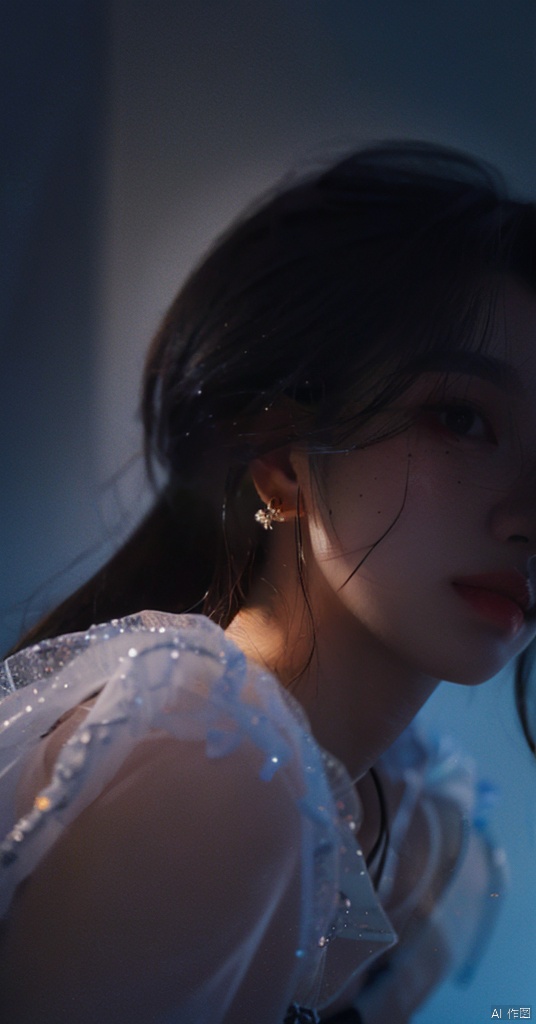  masterpiece,best quality,physically-based rendering,sharp focus,extreme detail description,1girl, Without looking at the camera,,dark theme,full body,, ,Earring,(dark background:1.2),(spotlight),Dimples, a beauty mole, parted lips, , (\xing he\), silhouette, tutult