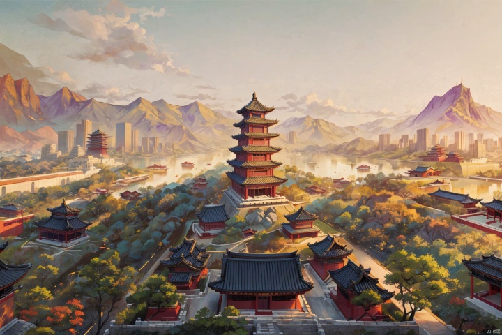  This is an ultra-high definition poster with a minimalist style and a strong sense of artistry, showcasing a Chinese ancient-style city that incorporates the urban style of Xi'an within a sea of clouds, accompanied by the Hui-style architecture on the ground. The overall artistic conception is of ultimate simplicity, rich with ancient charm, providing a canvas for deep contemplation and imagination.