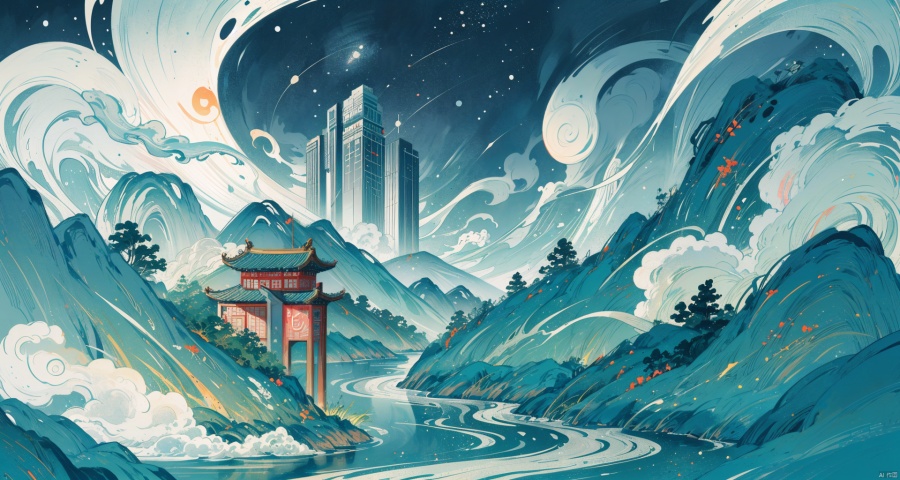  masterpiece, best quality, high resolution, incredibly ridiculous, absurd, very high resolution, detailed beautiful scene, ultra high definition wallpaper, ((overall tone is red)), (foreground auspicious clouds), clouds, country Chaoshanshui urban landscape illustrations combine traditional Chinese ink painting techniques with modern trendy visual art.On the left side of the picture is a stretch of lofty mountains, with winding rivers flowing between them, outlining a typical Chinese painting landscape, dotted with antique pavilions and looming cornices.On the right side, a modern city skyline is shown. The design of the skyscrapers cleverly combines traditional Chinese elements, such as window lattice grilles, moire carvings, ceramic glazes, etc. At the same time, neon lights flash on the top of the buildings, forming a distinct mark of the times.The landscape and the city are connected by a rainbow bridge, on which young people wearing national costumes are walking, waving skateboards and drones with national patterns in their hands.The brilliant city lights at night form a harmonious contrast with the quiet mountains and rivers, jointly interpreting the theme of the symbiosis of ancient and modern, nature and technology in Chinese trendy culture.