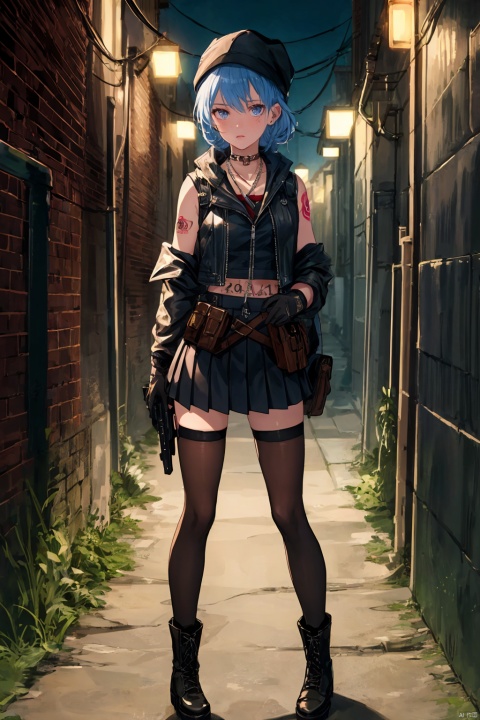  (Masterpiece: 1.2), (Best Quality: 1.2), (High Resolution: 1.2), (Incredibly Ridiculous), (Absurd), Very High Resolution, Illustration,,simple background, (Dimly Lit Alleyway: 1.4), 1 girl, standing, gangster outfit, short skirt, white thigh-highs, pleated miniskirt, black leather jacket, sleeveless undershirt, cropped top, tattoos on exposed skin, aviator sunglasses, red bandana, statement necklace, fishnet glove, combat boots, dual wield pistols, slicked-back raven hair, piercing blue eyes, scar above eyebrow, cigarette held between fingers, tough stance, gritty alley setting, graffiti walls, utility belt, thigh holster, intense gaze, ripped tights, gunmetal accessories, ((poakl)), seductive eyes, , 1girl