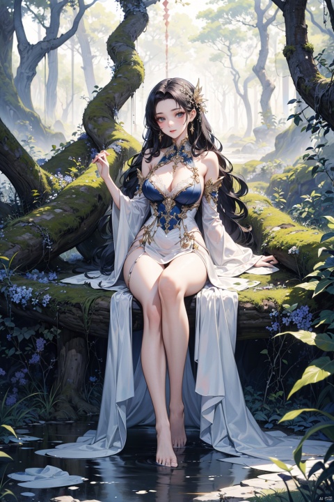  Full body, charming mature anime style lady, 35, in a forest scene, located in an enchanting clearing shrouded by towering old trees and mist, wearing a revealing silk gown that clings to her curves with the gown to the thigh The high slit and sheer lace bodice hinted at the underwear underneath, which was embellished with jewels made of precious metals. Her long hair fell in loose waves over her shoulders, and she rested one hand on a tree trunk, looking barefoot and poised. , integrated with the beauty of nature, ((posture)) coquettish expression, mysterious gaze, embodying not only the original sensibility of the wilderness, but also the exquisite elegance of the nobility.