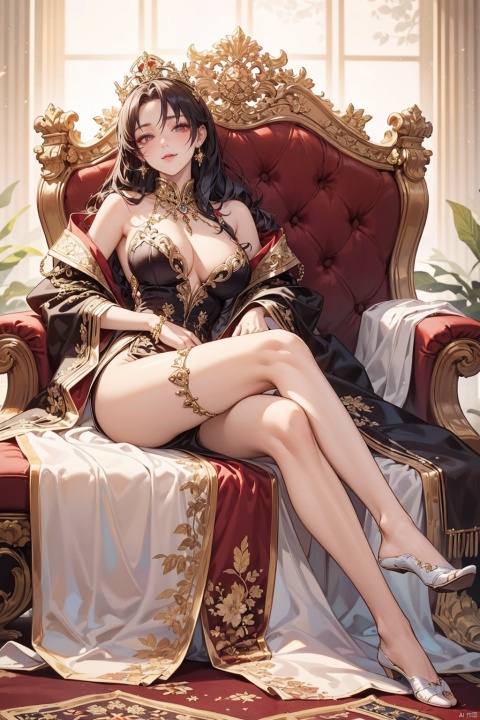 &quot;In a sensual throne scene, the anime-style Queen, seductively aged 35, sits majestically on her ornate golden throne, surrounded by towering marble columns and a rich tapestry of royal heritage, wearing a luxurious crimson velvet The gown hugged her curves, revealing a plunging neckline and thigh-high slit that accentuated her statuesque figure. The skirt was embellished with intricate gold embroidery and bejeweled embellishments, her legs were crossed, and her long scarlet hair was styled in a big The wavy form hangs down from her back, on the luxurious velvet footstool, ((majestic posture)), the majestic gaze, and the seductive smile, embodying the irresistible temptation and unyielding power of the king.&quot;
