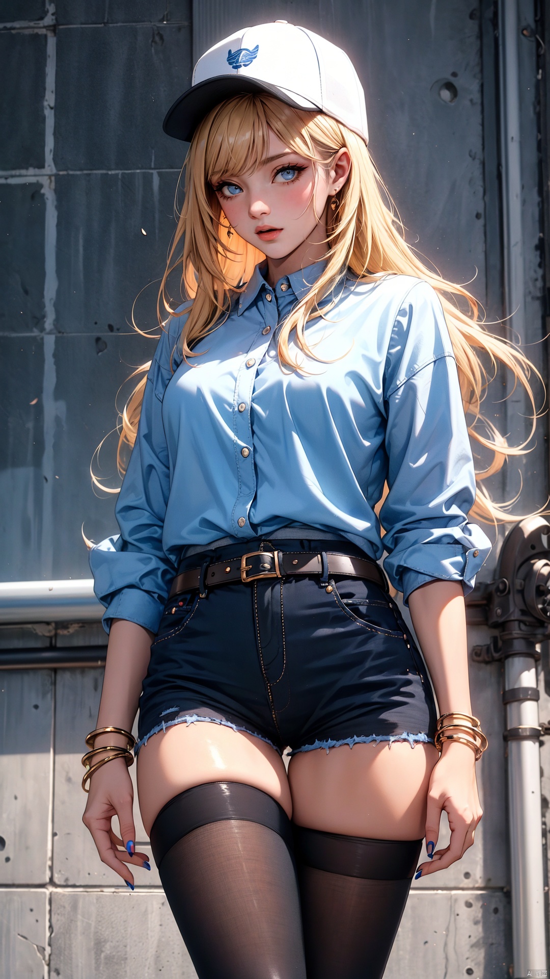 1girl, bangle, bangs, baseball_cap, belt, blonde_hair, blue_bow, blue_headwear, blue_legwear, blue_nails, blue_shorts,