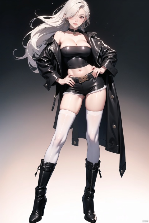  (best quality), ((masterpiece)), (highres), illustration, original, extremely detailed,zlqs, 1girl, solo, long hair, breasts, looking at viewer, large breasts, red eyes, thighhighs, long sleeves, cleavage, standing, jacket, full body, white hair, thighs, earrings, boots, open clothes, belt, black thighhighs, black footwear, hair over one eye, leotard, open jacket, black jacket, gradient, hand on hip, strapless, covered navel, skindentation, leather, leather jacket,