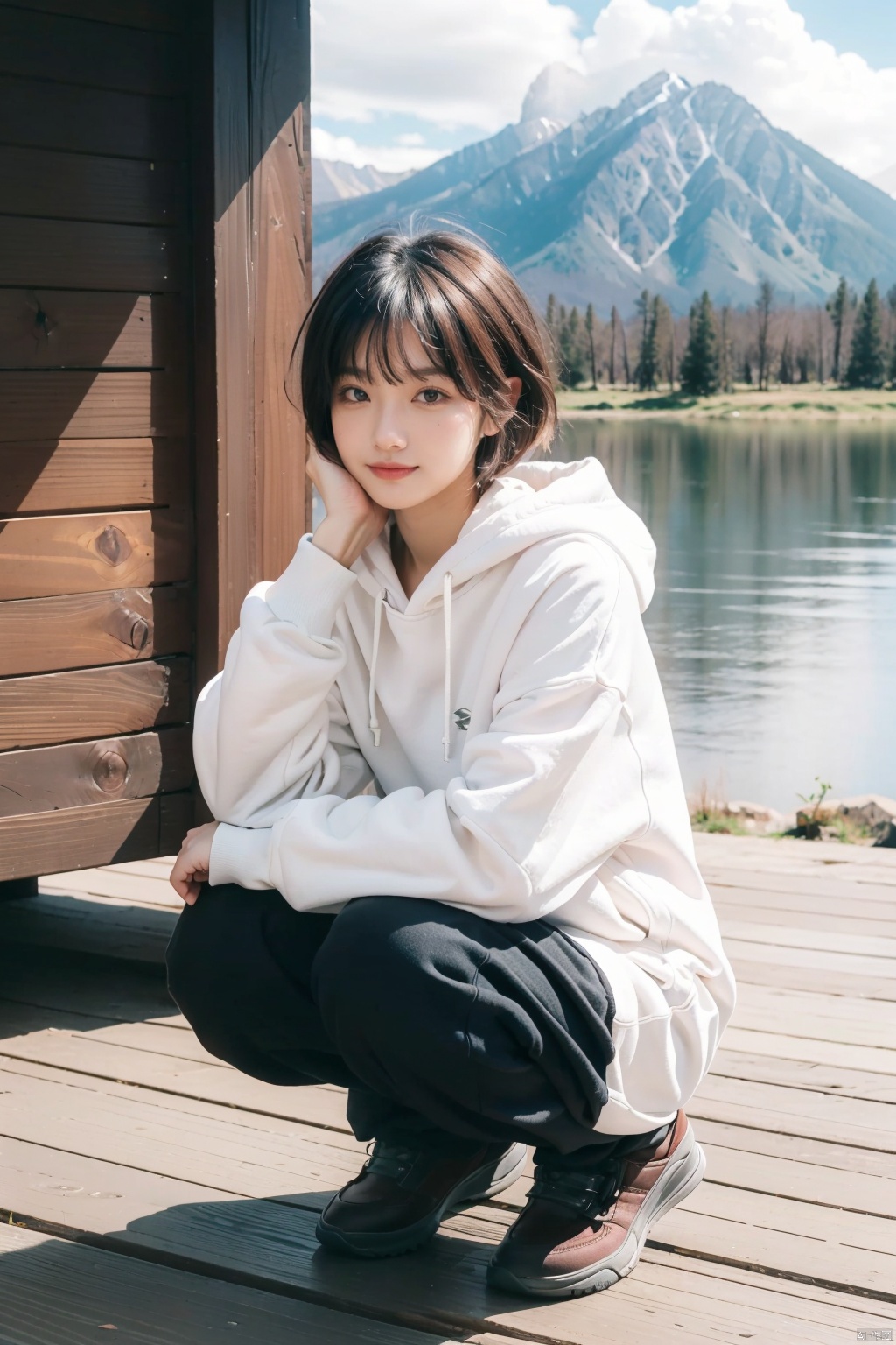 A girl squatting on the ground looked sideways at the camera, her eyes gentle and slightly shy.Her short hair with bangs is neat and neat, adding a bit of pure atmosphere.She wore light makeup on her face, highlighting the texture of her skin.She wore an off-white hooded sweatshirt, pink sweatpants, and white casual shoes. Her whole body was warm and energetic.Especially the pair of tight black legs paired with flesh-colored stockings, which looks even more warm and pleasant in the cold winter.The surrounding environment is very peaceful and beautiful: there are mountains in the distance, and the lake nearby reflects the clouds in the sky like a mirror.The whole picture is full of warm and harmonious atmosphere, making people feel the charm of nature and the beauty of life.