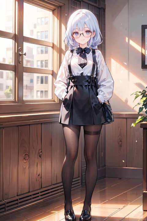 Full body, ((40°side, : 1.4))), gathered on the shoulders, a girl, smile, trendy clothes, dynamic hairstyle, glasses, hands in pockets, (black suspender stockings), Mary Jane shoes, 8k, masterpiece , stunning art,