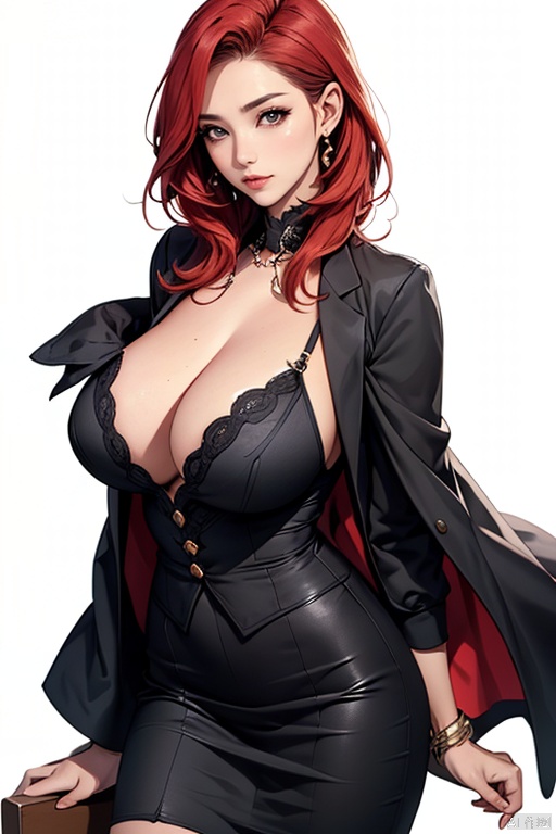  1 Mature woman, big breasts, red hair, cleavage, black skirt, white background , oda non, midjourney, nayeonlorashy