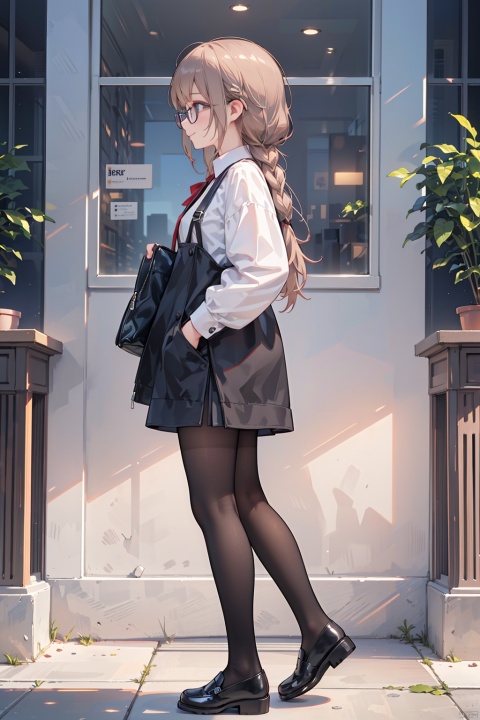 Full body, ((side, profile, side, =: 1.4))), gathered on the shoulders, a girl, smile, trendy clothes, dynamic hairstyle, glasses, hands in pockets, (black suspender stockings), Mary Jane shoes, 8k, masterpiece, stunning art,