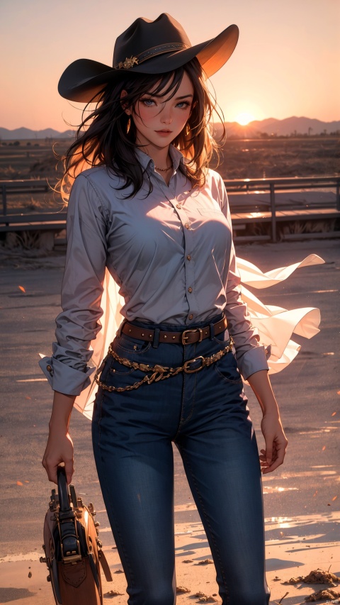  1woman, cowboy hat, plaid shirt, blue jeans, brown boots, lasso in hand, sunset backdrop, dusty ground, windblown hair, confident stance, western ranch, horse nearby, belt buckle, weathered skin, squinting eyes