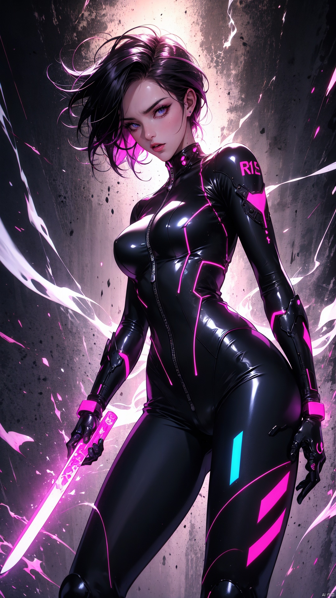 cyberpunk seductress, short purple hair, form-fitting catsuit, glowing circuit tattoos, neon-lit alleyway,半透明材质revealing lingerie underneath, thigh-high boots, leaning against graffiti wall, pouty lips, (erotic NSFW), smoking cybernetic cigarette, energy blade holstered on thigh, vibrant holographic backdrop, low-angle shot with dramatic lighting, deep focus, r1ge, blending into the digital matrix ((poakl))