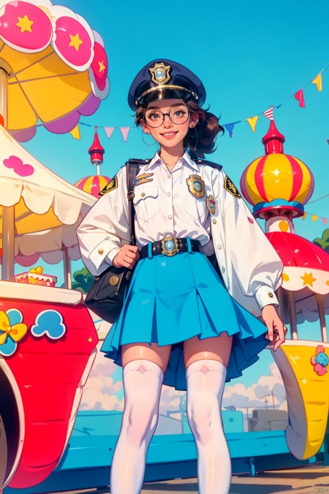  (((white stockings))),((poakl)),1female, teenage police officer, amusement park backdrop, short skirt police uniform, white stockings with badge emblem, neatly pressed blouse with epaulets, shiny black boots, badge clipped to belt, utility belt with radio, handcuffs, and whistle, wearing a peaked cap with police insignia, youthful face, carrying a toy-sized water gun instead of a real weapon, colorful balloons in one hand, cotton candy or ice cream cone in the other, standing beside a carousel or ferris wheel, vibrant lights of the park, cheerful atmosphere, roller coasters in the background, twirling rides, carnival games, wide grin, wind blowing through her ponytail, reflective sunglasses or clear eyeglasses, visitors enjoying the park in the background, silver badge catching the light, playful twist on law enforcement attire, polka dot or striped fabric accents, badge number displayed prominently, safety patrol armband, red-and-white checkered tablecloth under a snack stand, balloons shaped like cartoon characters
