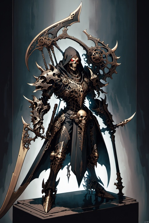 exquisite character design, intricate mechanical details, steampunk-inspired reaper, hybrid humanoid-machine form, polished bronze and copper fittings, oil-stained gears visible beneath transparent plates, sinuous limbs ending in articulated claws, elongated spine terminating in a menacing scythe blade, adorned with Victorian filigree and arcane symbols, crowned by a skull helm with glowing red eye sockets, standing on a minimalist, grunge-textured platform, monochromatic background to emphasize form and texture, subtle hints of steam issuing from joints, expressive yet eerie digital display for face, emphasizing its status as an otherworldly entity, imbued with a sense of both mortality and immortality, single source of dramatic downlighting, isolated figure without additional elements to distract from the central character, (gradient background, simple background),((anime art style)),