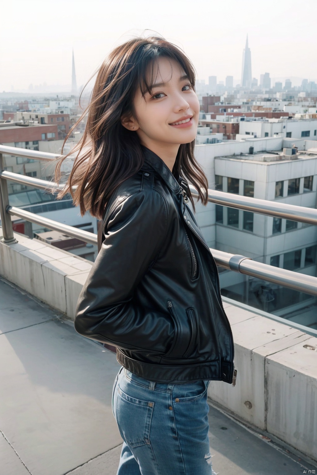  A modern, chic woman wearing a black leather moto jacket and ripped jeans stands confidently on the rooftop of a skyscraper, gazing out at the city skyline. Her short, tousled hair is swept back by the wind as she smiles subtly, embodying a sense of independence and strength. The shot is captured with a Sony A7R IV using a 24-70mm f/2.8 lens from a slightly elevated angle, maintaining sharp focus on her face and the sprawling city behind her. The photograph exudes a bold and empowering energy, reminiscent of Annie Leibovitz's portraits.