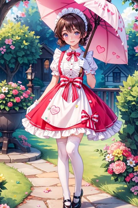  (((white stockings))),1female, maid, candy-themed environment, short frilly maid dress, white stockings with lace trim, matching apron, hair tied up in a ribbon or headband, Mary Jane style shoes, holding a tray with sweet delights, standing outside a whimsical candy house made of gingerbread, candy cane pillars, frosting details, pastel macaron roof tiles, sugar-dusted garden, confectionery flowers, gumdrop stepping stones, sky filled with cotton candy clouds, heart-shaped cookies lining the walkway, Lolita-styled maid outfit, bows and ribbons throughout the attire, dainty teapot or cupcake on serving tray, pink and white striped walls of the candy house, blush-colored cheeks, friendly smile, playful animations like winking pastry mascots, lollipop tree nearby, cake pops as bushes, a candy cane broomstick propped against the house, elegant parasol leaning on a candied bench, sparkling clean white gloves, iridescent fairy lights decorating the scene((poakl))
