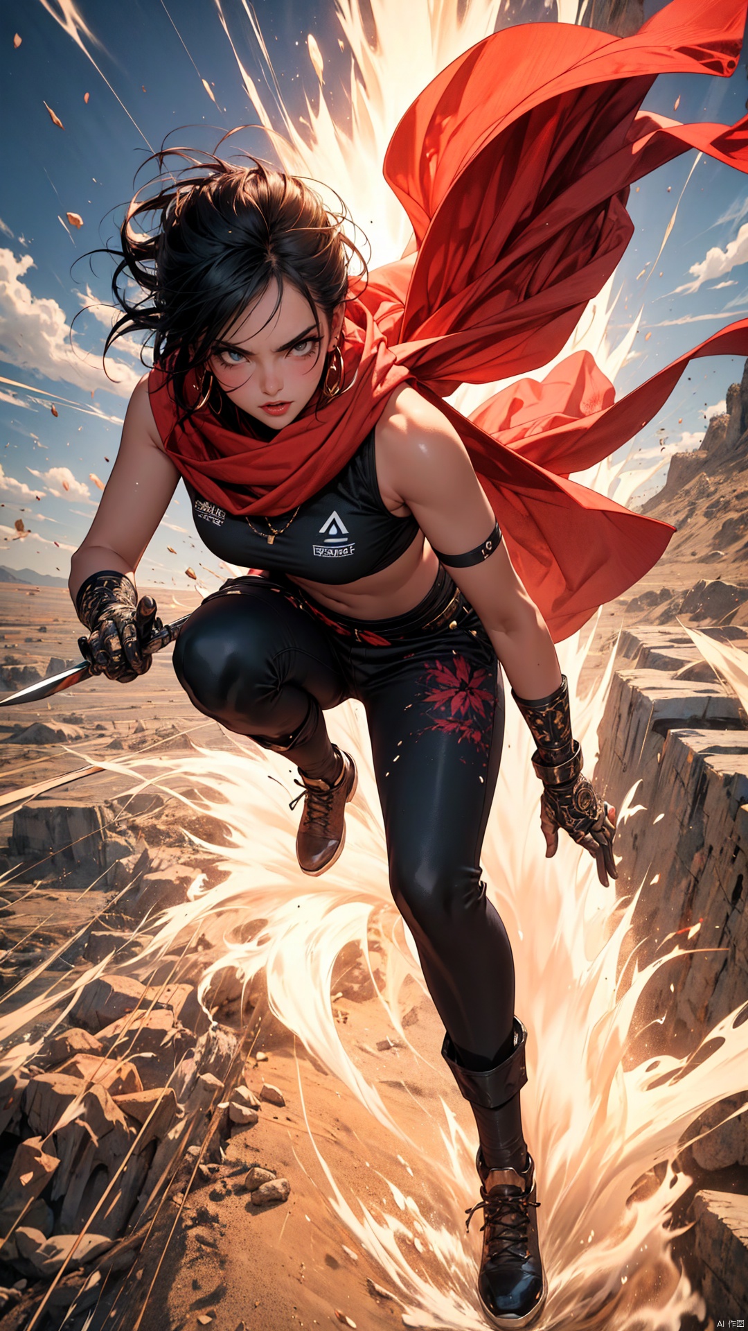 1female,  BLADEPOINT's Canna-inspired character, full body, stealthy desert warrior, form-fitting cat burglar outfit, revealing top with intricate patterns, scarves billowing in motion, multiple daggers and grappling hook, acrobatic posture, exotic Middle Eastern aesthetics, tanned skin, tousled dark hair, piercing gaze, agile movement, sand dunes or ancient ruins as backdrop, evocative of her swift and elusive nature.