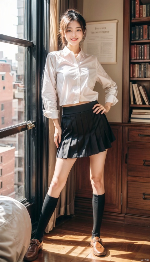 masterpiece, teacher_portrait_photography_of_a_woman, 8K resolution, (educational_grandeur:1.4), soft_lighting, warm_tones,
1 subject,Smile, ponytail, round glasses, blush, shirt, suit, short skirt, over-the-knee socks, absolute territory, exposed navel, loafers,standing_amidst_books_and_educational_materials, solo_shot, gentle_smile, nurturing_pose, intellectual_gaze,
classroom_setting, chalkboard, educational_posters, (learning_environment_emphasis:1.3),
three-quarter_view, shallow_depth_of_field, Sony A7R III with AI-supported lens, ISO400, f/2.5 aperture, shutter_speed_1/80s,
capturing_the_compassion_and_knowledge_of_an_educator, highlighting_her_role_as_a_guiding_light, embodying_the_spirit_of_pedagogy., 