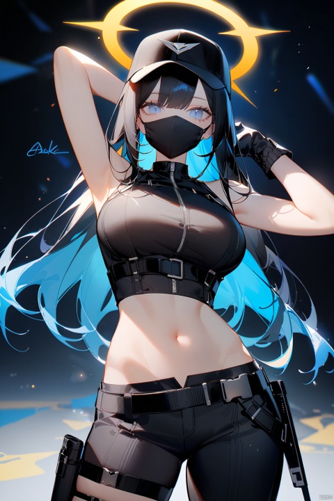  ask (askzy),Bright colors, High saturation, 1girl, solo, long hair, breasts, looking at viewer, bangs, blue eyes, large breasts, shirt, black hair, gloves, hat, navel, bare shoulders, blue hair, standing, cowboy shot, sleeveless, black gloves, midriff, belt, pants, signature, armpits, stomach, arm up, crop top, groin, bare arms, black shirt, sleeveless shirt, black headwear, mask, halo, black pants, baseball cap, arm behind head, black belt, mouth mask, underbust, holster, thigh holster, black mask, ((poakl))