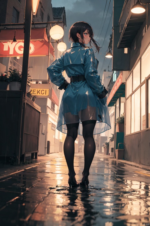 (UHQ, 8k resolution), creates seductive images of sexy women in rain-soaked urban environments.In the photo, she is standing under dim streetlights in a deserted alley in the pouring rain.She wore a see-through black lace bodysuit with her hands in her pockets, outlining her curves, leaving her trench coat unbuttoned and her raincoat flapping in the wind.Her long, wet hair hung down her back, shining in the dim light.The road was smooth, and the puddles reflected the neon lights overhead, casting an ethereal glow around her... ((poakl)).