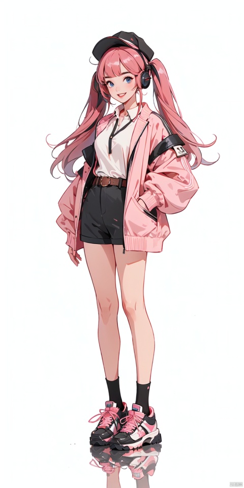  (\ji jian\),  ((poakl)),1girl, solo, long hair, breasts, looking at viewer, smile, open mouth, bangs, blue eyes, shirt, long sleeves, hat, twintails, standing, jacket, full body, pink hair, open clothes, shoes, shorts, teeth, socks, belt, open jacket, black jacket, sleeves past wrists, short shorts, black headwear, headphones, black shorts, white footwear, sneakers, sleeves past fingers, reflection, pink shirt, headphones around neck, badge, button badge, pink socks