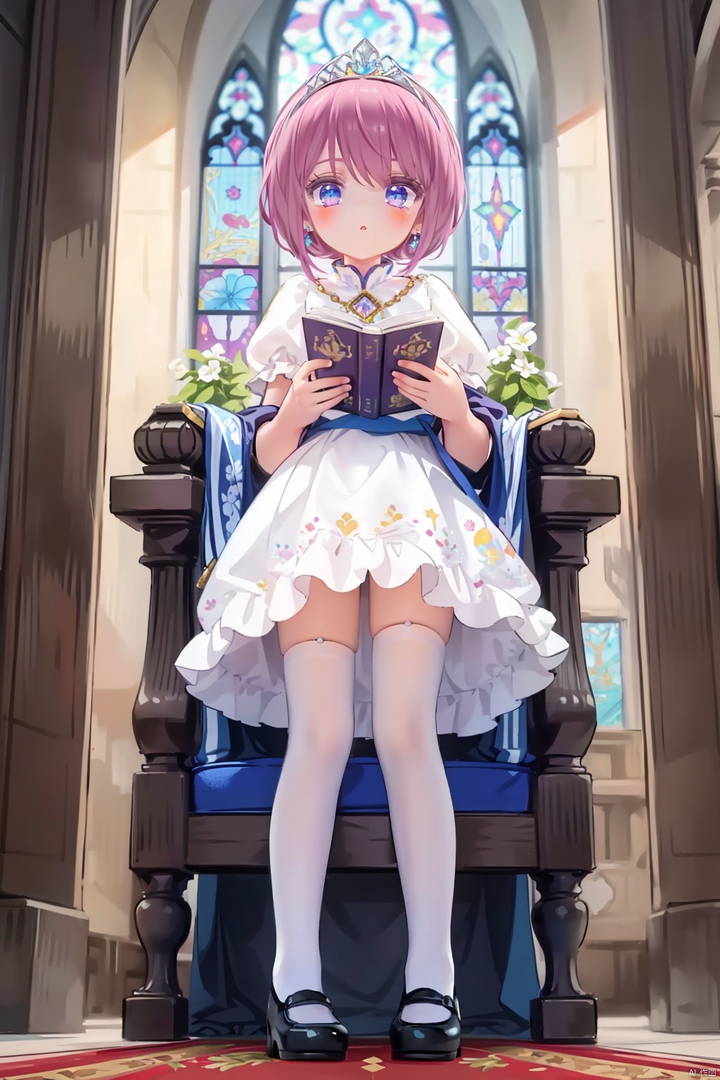 (((white stockings))), ((poakl)),1female, little girl, loli aesthetic, palace backdrop, adorable short skirt dress with ruffles and frills, pure white stockings with cute patterns, chunky Mary Jane shoes, pigtail hair tied with colorful ribbons, clutching a plush toy or a storybook, standing in a regal throne room, grandiose architecture with vaulted ceilings, marble floors, and crystal chandeliers, ornamental columns supporting the ceiling, lavish tapestries depicting historical scenes, plush carpets leading to a gilded throne, playful expressions and curious gaze, diminutive stature, childlike wonder, innocent charm, frothy layers of chiffon or taffeta in her dress, whimsical prints and motifs, oversized bows or sashes, glittering tiara atop her head, tiny pearl earrings, holding a lollipop or cotton candy, exploring the grandeur of the palace, soft afternoon sunlight pouring in through stained glass windows, magnificent staircases winding upward, royal guards standing at attention in the background, hidden alcoves with secret treasures

