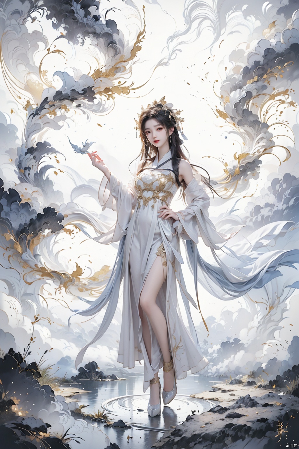  ,full_body,red lips,real skin, Tall figure, with rich details, (((masterpiece))), best quality, Correct scale, ultimate detail, illustrations, ultra high definition, 8k resolution, best image quality, high detail, Blademancer, full_body, one_leg_up,cloud,qzjulingqianjiang,guofeng,swordsman,shidudou,1 girl,Blademancer,jingliu, a water dragon behind, white dress dress, hold a stream of water in hand,water,gonggongshi