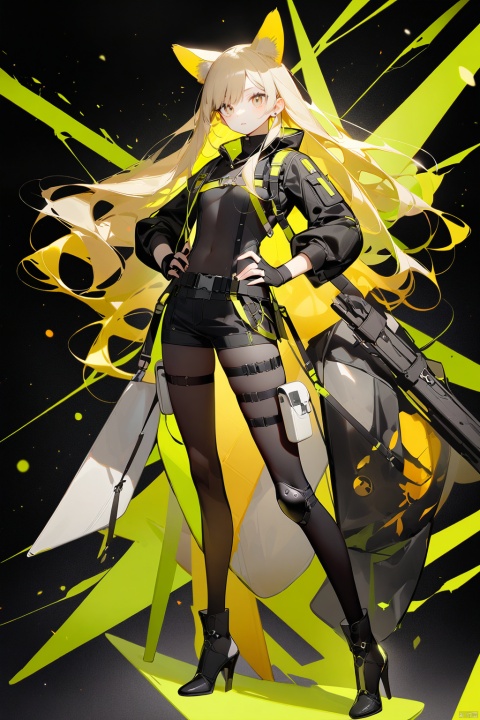  ask (askzy),Bright colors, High saturation, 1 girl, single, long hair, chest, looking at the audience, bangs, blonde hair, long legs, gloves, long sleeves, holding, animal ears, tail, medium chest, long hair, closed mouth, standing, Jacket, whole body, weapons, boots, Shorts, Black gloves, belt, Black long legs, finger-less gloves, black shoes, high heels, tights, hands on hips, short shorts, covering navel, Skin, thigh strap, black shorts, Black background, goggles, black tights, high leg tights, high heeled boots, bag, knee pads, shoulder, belt bag, range