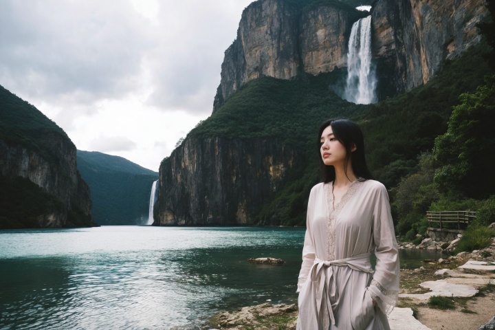 Beneath a towering cliff,a woman stands with a cascading waterfall behind her. The weather is overcast,casting the scene in a palette of cool,subdued colors. The water's roar contrasts with the gentle,soft composition of the scene,creating a sense of harmony between nature's power and tranquility. The woman's presence adds a contemplative,serene quality to the landscape,as she gazes into the distance under the cloudy sky.,