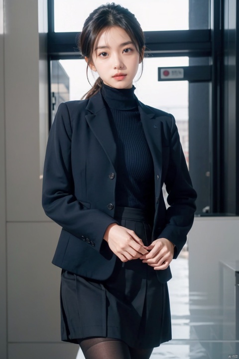 A Korean female model wearing professional attire, with long black and shiny hair tied up, fair and translucent skin, exquisite and three-dimensional facial features, and outstanding temperament.The upper body is a dark blue turtleneck sweater as the inner lining, and the outer part is a dark blue professional suit jacket, which is formal yet fashionable.The lower body is a light brown hip-hugging skirt paired with a pair of black stockings and a pair of black pointed-toe high heels.