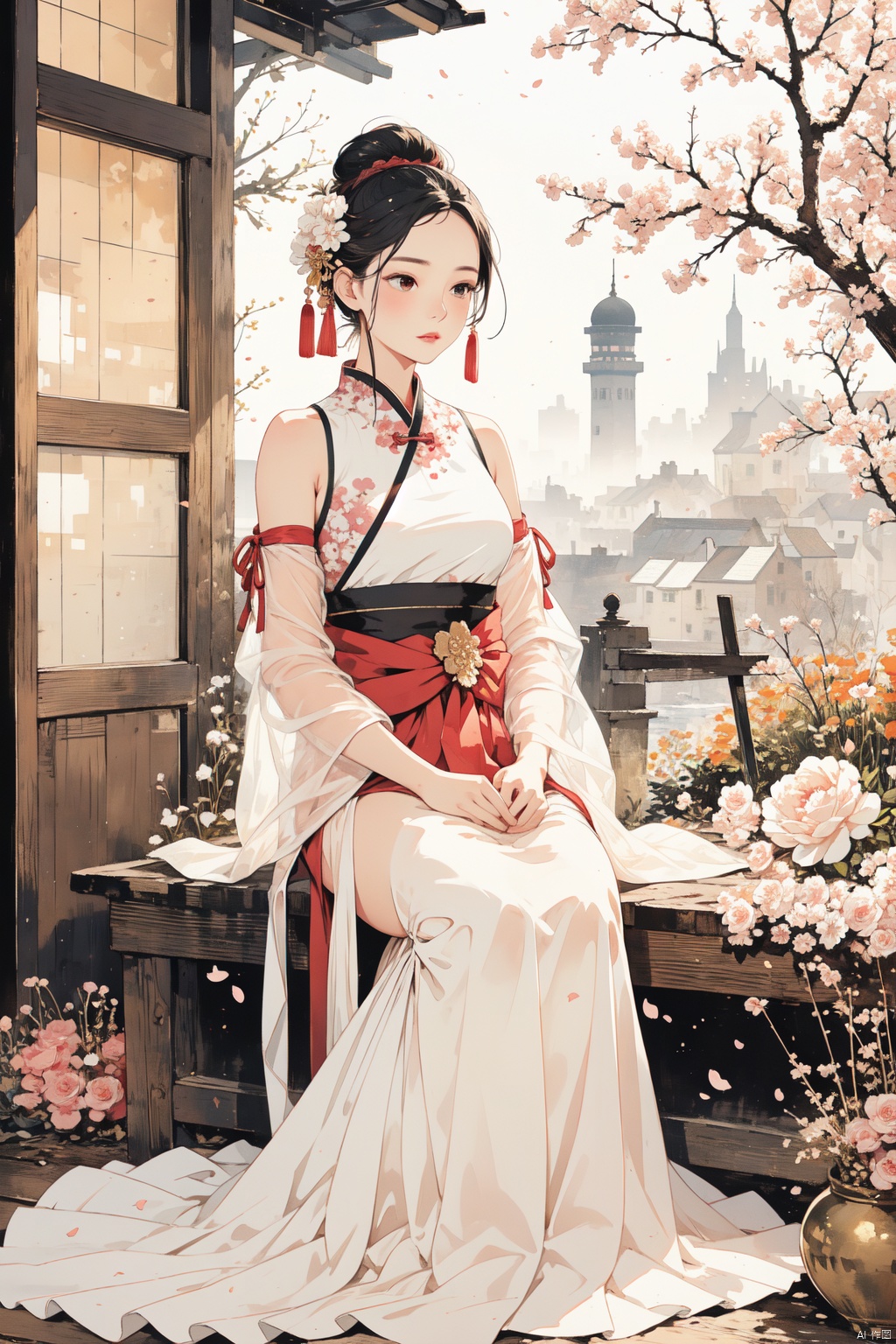  1girl, sensual Hanfu, traditional Chinese garden setting, flowing white silk dress embroidered with red and gold floral patterns, high-waist skirt, transparent inner layer revealing delicate skin, intricate hairpins holding cherry blossoms Bun, exquisite jade earrings, light makeup to outline almond eyes, dark eyeliner, pink glossy lips, thin waist tied with a ribbon, wooden-soled lace-up boots, bare shoulders, a serene expression with a hint of temptation, adding an ethereal quality to the moonlit night The temperament, the background is an ancient pavilion, flowers are blooming in the lotus pond, the breeze is blowing, and the fabric is swaying gently, ((poakl))