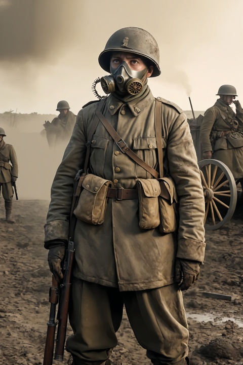  (WWI German soldier: 1.0), solo, firearms, dirt, smoke, dust, trench warfare scene, gas mask, retro military uniform, mud, rusty bayonet, barbed wire barrier, worn boots with characteristic spikes Steel helmet, weathered face, tired eyes, trench, khaki military uniform texture, battlefield background, battlefield dusk, movie scene, movie shot, cinematic lighting, volumetric lighting, hyper-detailed, highly detailed, ultra-detailed, realistic, hyper Realistic, surreal, HD, IMAX, 8K resolution, super resolution, sharp focus, grandeur, best quality, masterpiece., Professional