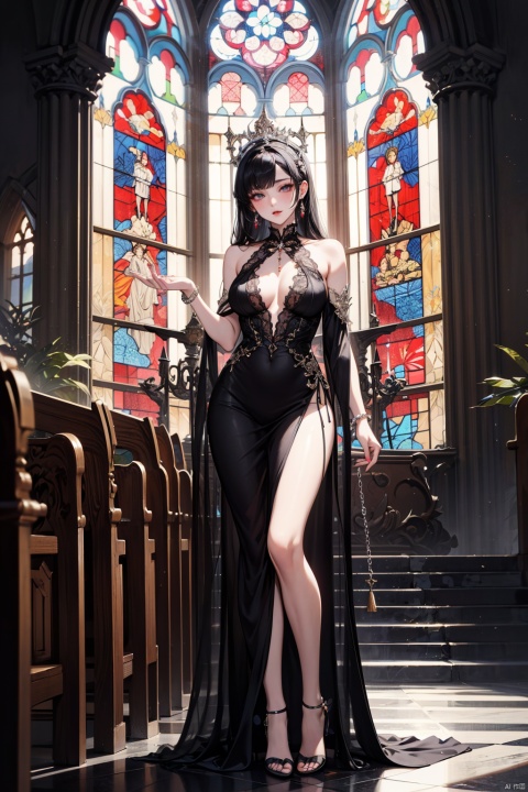 "full body, tantalizing anime-styled noblewoman in a provocative church setting, 30 years old, posed within the grandeur of an ancient cathedral under dramatic shafts of sunlight filtering through stained glass windows, wearing a form-fitting black lace evening gown that clings to her curves and plunges into a deep neckline, paired with elbow-length gloves and stiletto heels, her raven tresses styled in an elegant updo adorned with a jeweled hairpin, standing before a marble altar, one hand resting on a polished wooden pew while the other grazes the rosary beads around her wrist, ((svelte silhouette)), sultry expression, enigmatic gaze, capturing the forbidden allure of a seductive aristocrat amidst the sanctity of sacred architecture"