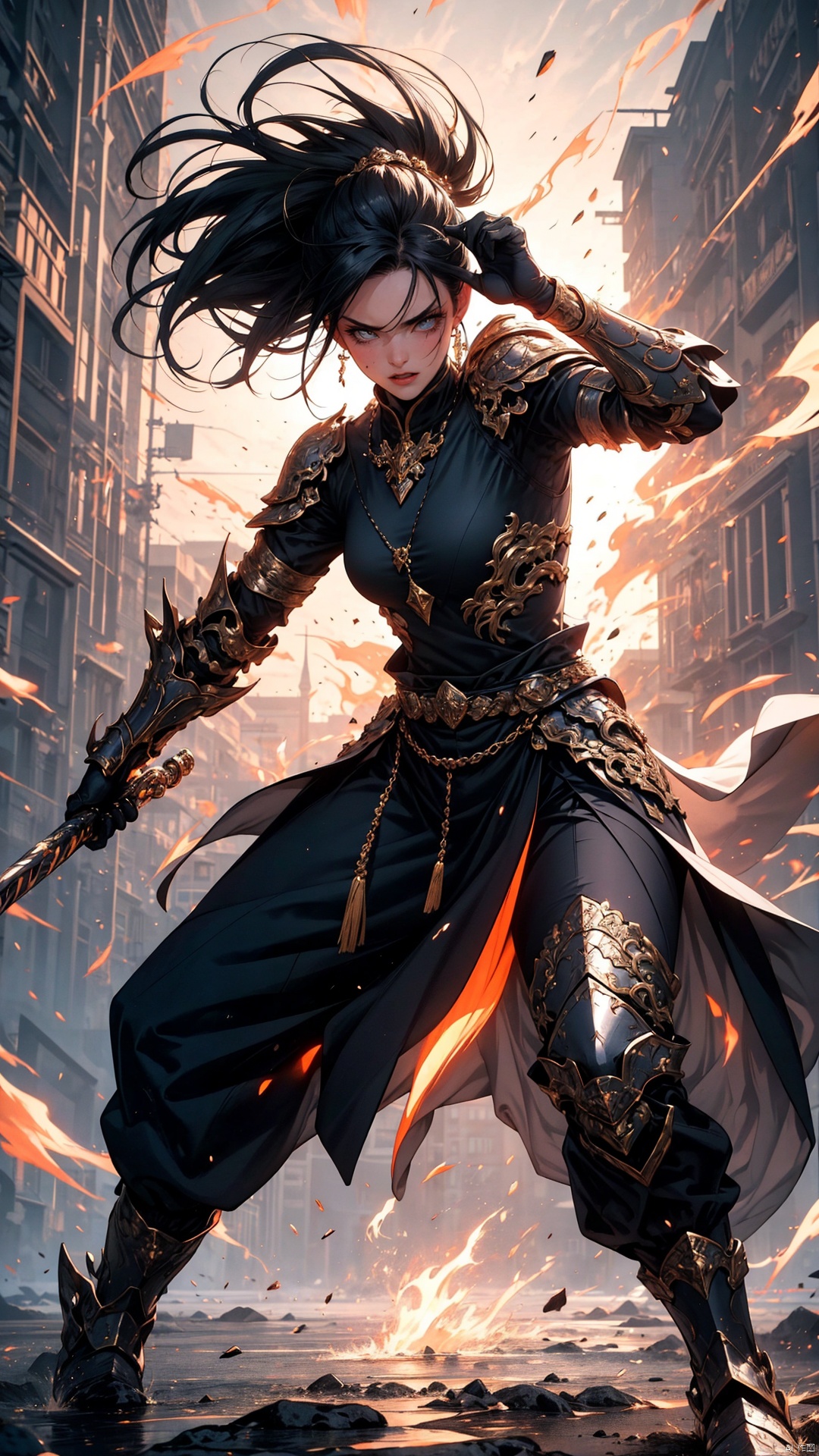 1female,  BLADEPOINT-inspired heroine, full body, combat-ready stance, Eastern-inspired armor or outfit, ornate weapons, flexible movements, detailed character design, dynamic action pose, agile and athletic physique, flowing cloth simulation, mythical elements, environmental interaction, distinctive headpiece or hairstyle, wounded but resilient expression, gritty and immersive world setting.