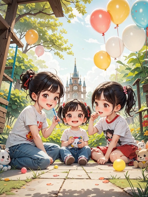 Children, happy, innocent smile, big eyes, cartoon T-shirt, colorful balloons, stuffed toys, parent-child playground, chasing and playing, innocent, sweet, curious exploration, children, natural light, medium long shot (MLS)
