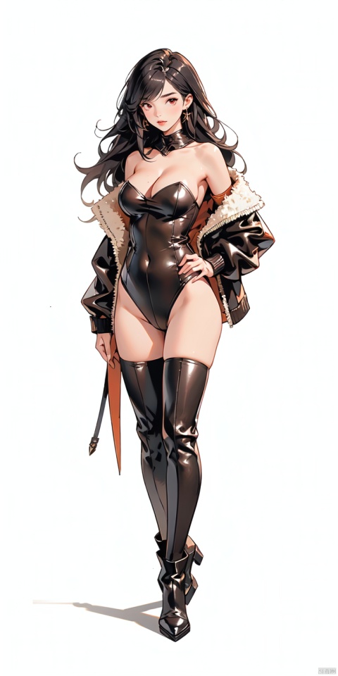  (\ji jian\),  ((poakl)),1girl, solo, long hair, breasts, looking at viewer, large breasts, red eyes, thighhighs, long sleeves, cleavage, standing, jacket, full body, white hair, thighs, earrings, boots, open clothes, belt, black thighhighs, black footwear, hair over one eye, leotard, open jacket, black jacket, gradient, hand on hip, strapless, covered navel, skindentation, leather, leather jacket
