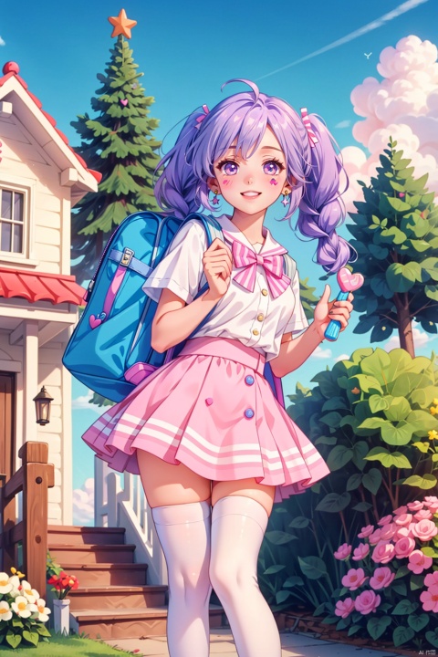  (((white stockings))),1female, high school girl, candy-themed environment, short pleated skirt, frilly white stockings, sailor-style uniform with pink accents, matching bow in hair, cute canvas shoes, backpack adorned with cartoon character patches, playful smile, holding a colorful lollipop, standing in front of a whimsical candy house made of gingerbread, cotton candy clouds, rainbow candy cane fence, gumdrop flowers, sugary pastel sky, heart-shaped buttons on uniform, sweet treats scattered around, smartphone case with kawaii stickers, twinkling star-shaped earrings, pigtails or twin braids, glossy bubblegum pink lips, bright-eyed enthusiasm, surrounded by oversized cupcakes and donuts, lollipop trees, striped candy cane pathway, anime-inspired design elements, fluffy marshmallow ground, holding a folder or textbook, charming innocence, carefree pose,((poakl))

