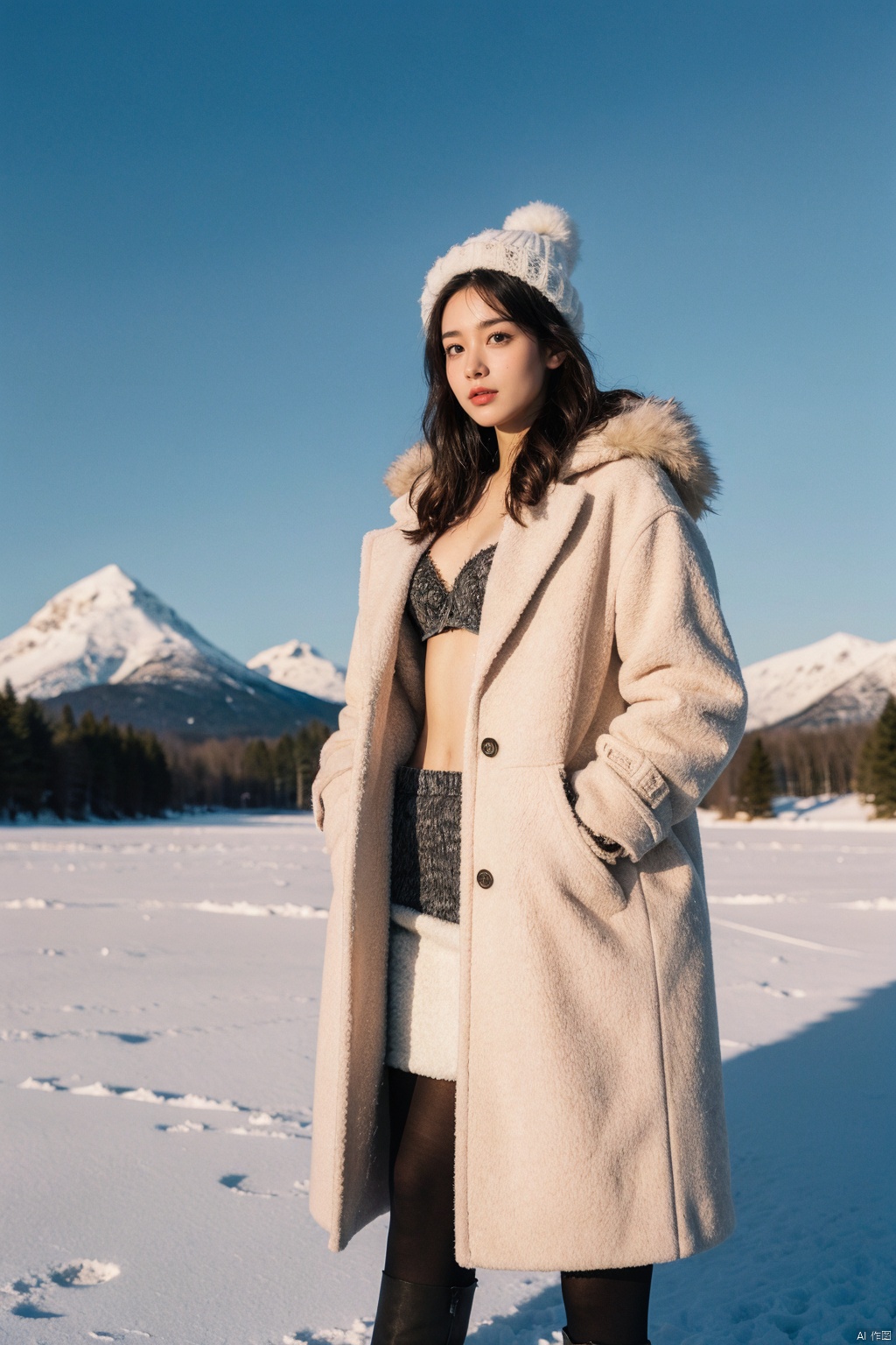  Girl in winter wonderland, panoramic view, standing on the edge of a frozen lake, wearing a fur-edged long down jacket, ((opens the coat to reveal underwear and bra, paired with pantyhose))), snow boots, gloves, wool hat, surrounded by tall pine trees dusted with snow, a crisp blue sky with sunlight breaking through the clouds, casting elongated shadows, snowdrifts on the lake shore, distant mountains under the pink alpenglow, capturing the season of peace and tranquility
