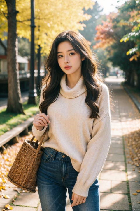(8k,RAW photo,best quality,masterpiece:1.2),(realistic,photo-realistic),((poakl)),girl in autumnal setting,panoramic view, standing amidst a sea of fallen leaves in burnt orange and golden hues, wearing a plaid oversized shirt, skinny jeans tucked into knee-high boots, cozy infinity scarf wrapped around neck, holding a wicker basket filled with apples, surrounded by towering trees showcasing their vibrant foliage, crisp air carrying the scent of woodsmoke and cider, soft afternoon sunlight filtering through branches casting dappled light, rustic wooden bridge in background, capturing the essence of the season's beauty