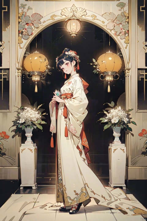 (8k, historical fusion style, grandeur quality), meticulously-detailed, (soft, porcelain-like skin with delicate features and traditional Chinese makeup), 1Hanfu maiden, dressed in an exquisite Qing Dynasty-styled hanfu robe with intricate floral embroidery on silk brocade, adorned with jade accessories and flowing ribbons, (shoes: embroidered lotus patterned silk shoes, flat-soled, 1.2 aspect ratio), standing gracefully within the opulent marble halls of a European Baroque palace, surrounded by gilded pillars and ornate frescoes, sunlight filtering through stained glass windows casting colorful patterns across her traditional attire, as she carries a handcrafted Chinese lantern, bridging the gap between Eastern and Western aesthetics, ((poakl))