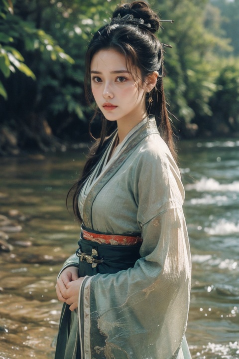  1girl, solo, long hair, looking at viewer, black hair, hair ornament, long sleeves, jewelry, standing, upper body, earrings, outdoors, water, black eyes, sash, chinese clothes, single hair bun, realistic, hanfu, ((poakl))