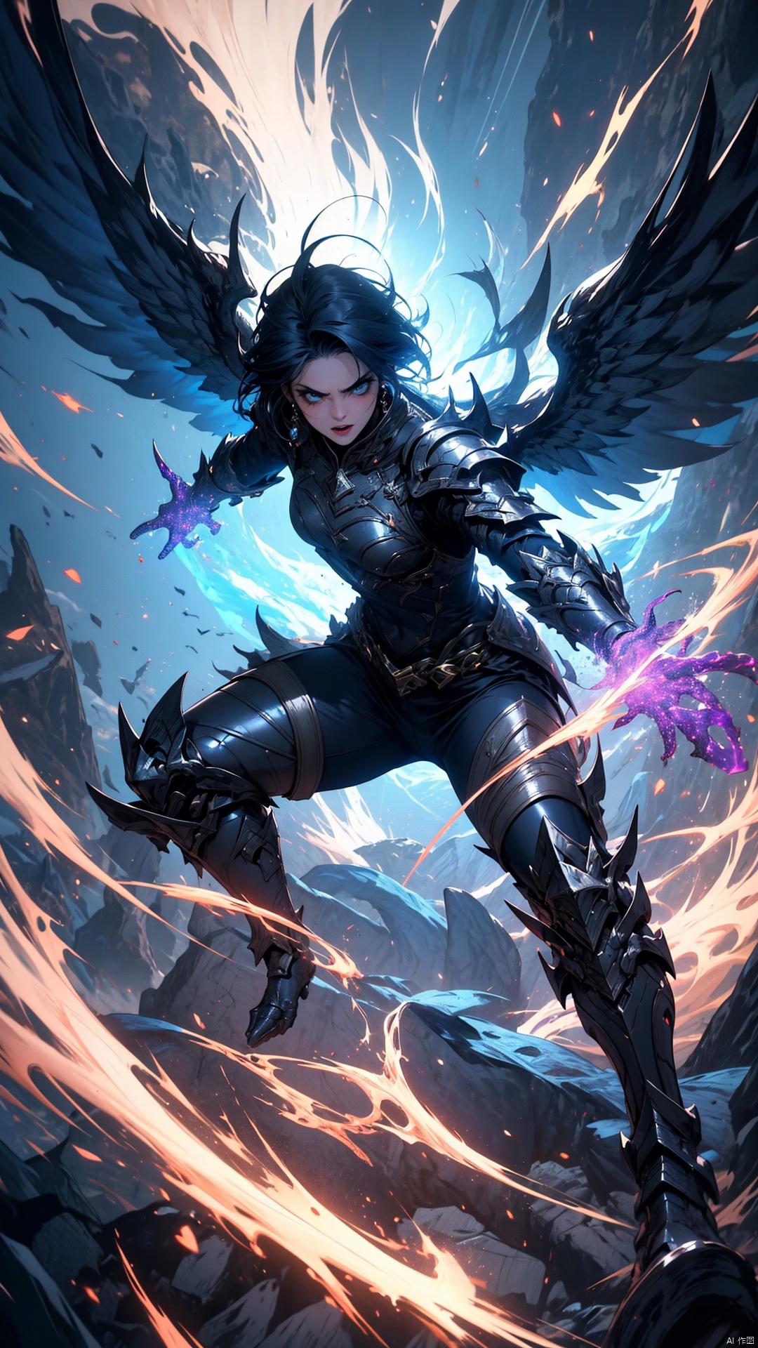 1female, League of Legends-inspired champion, full body, fantasy armor, detailed weapon, unique abilities特效, vibrant color scheme, dynamic action pose, fantastical wings or magical effects, game-quality rendering, battle-ready expression, stylized environment, intricate character design, ethereal or elemental powers

